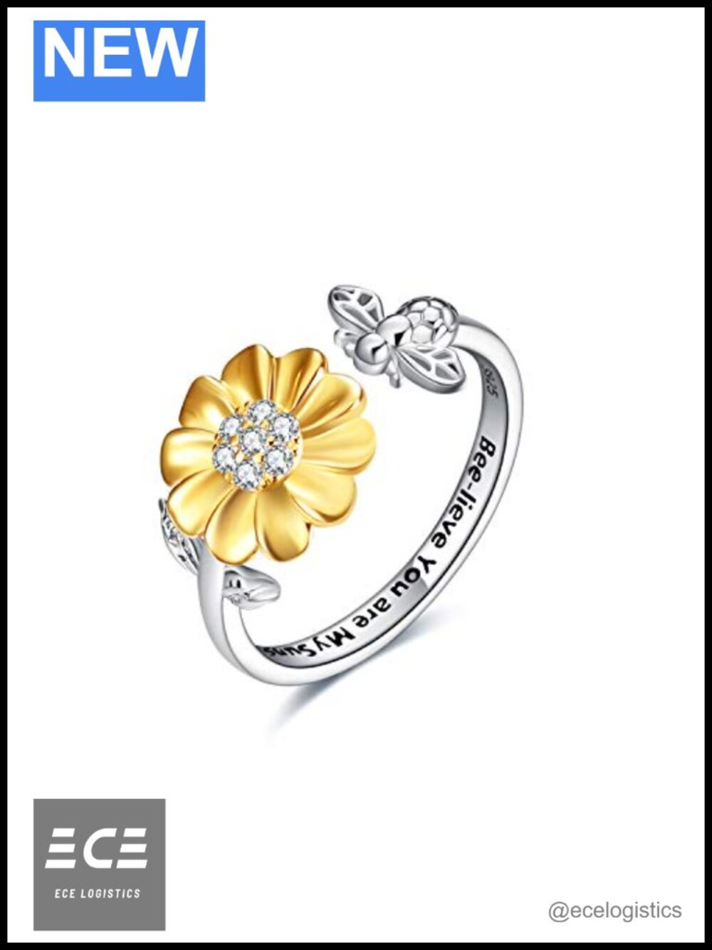 Sterling Silver Sunflower Bee Open Adjustable Ring for Women